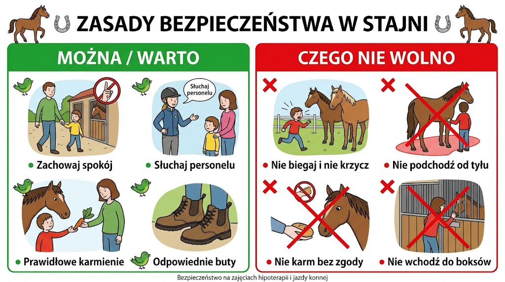 Zasady bezpieczeństwa w stajni — pełne zasady znajdują się poniżej.